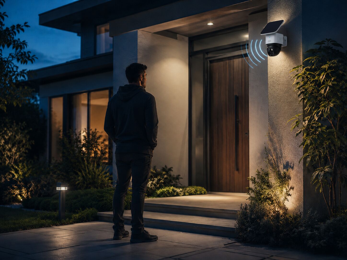 Smart lights illuminating a homeowner at the front door at night with an outdoor eufy camera