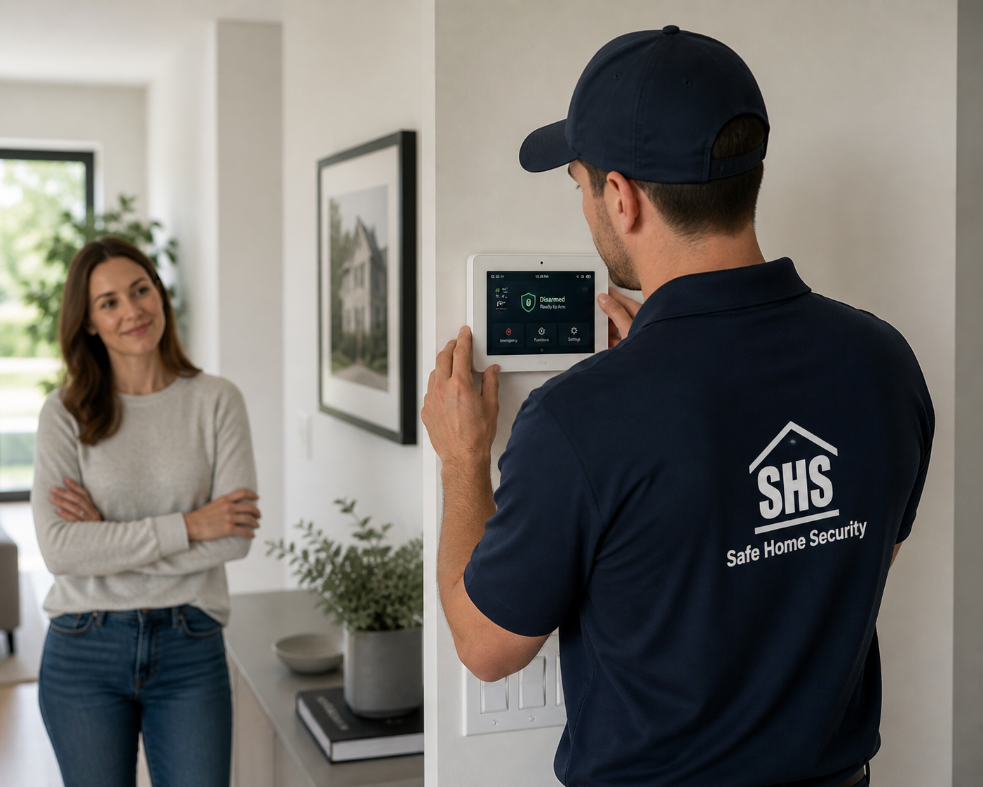 Safe Home Security technician installing a smart security panel in a customer's home