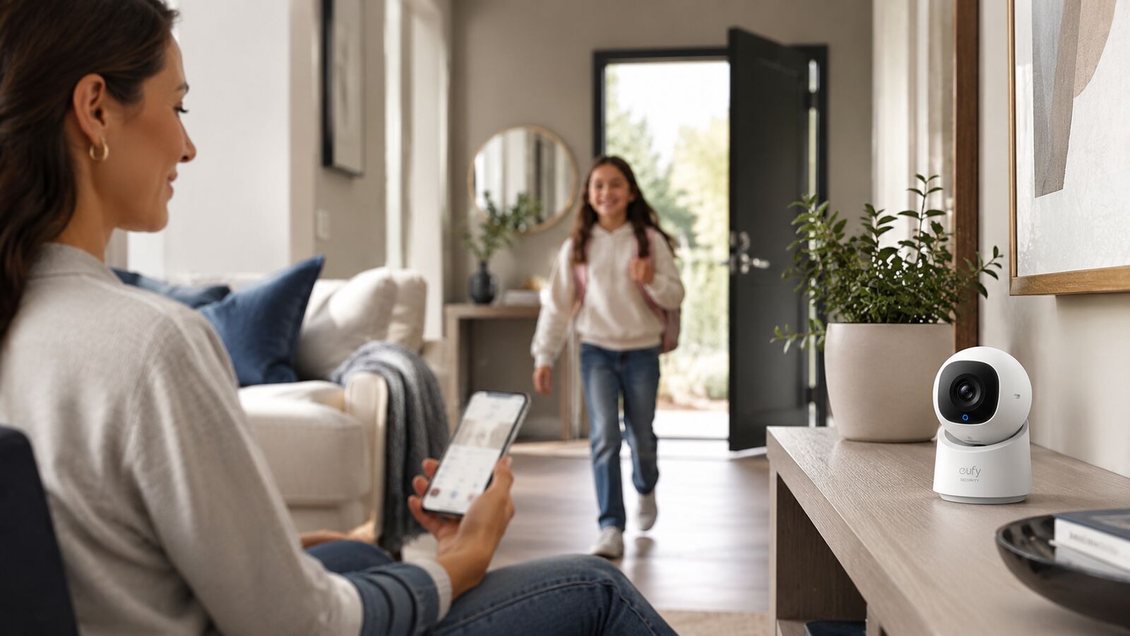 Mom checking the eufy app on her phone as her daughter arrives home, with an indoor camera on the console