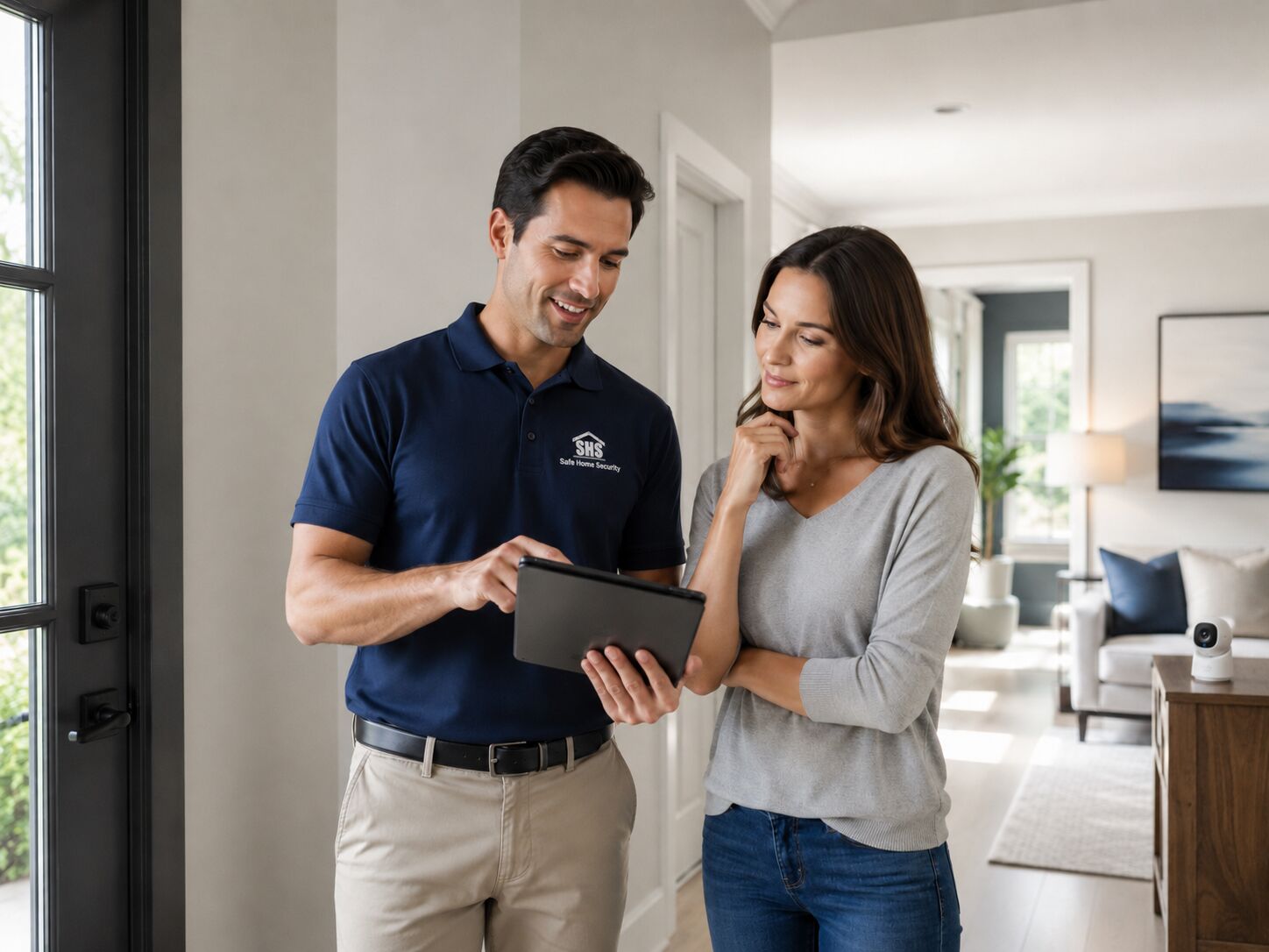 Safe Home technician walking a homeowner through her new smart security system