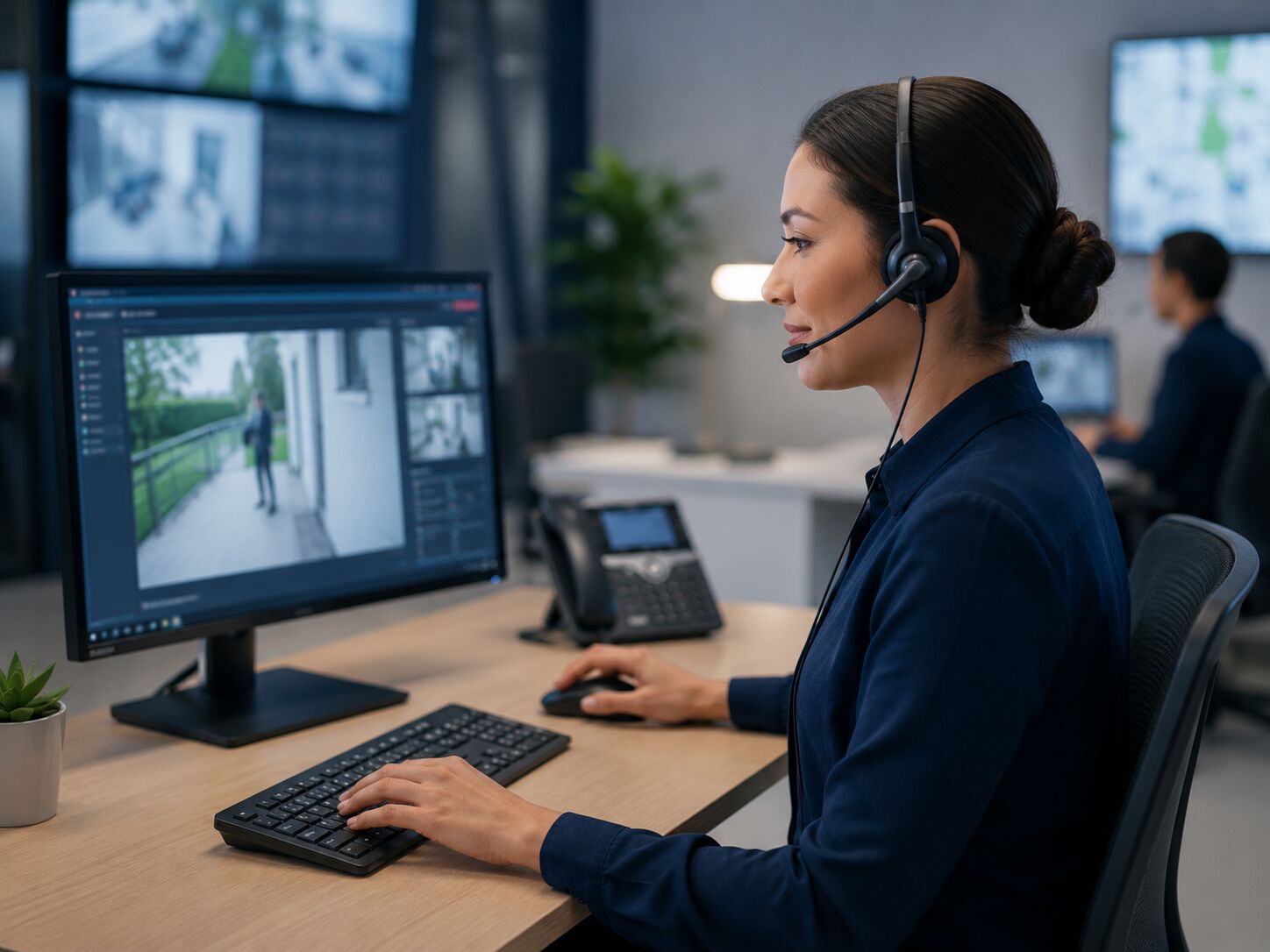 Safe Home monitoring specialist at her workstation reviewing live camera feeds