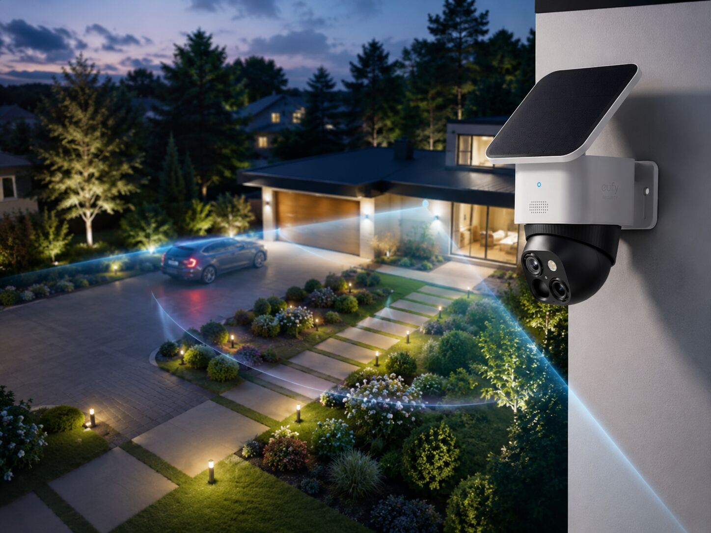 Smart-lit home perimeter at night, monitored by outdoor cameras